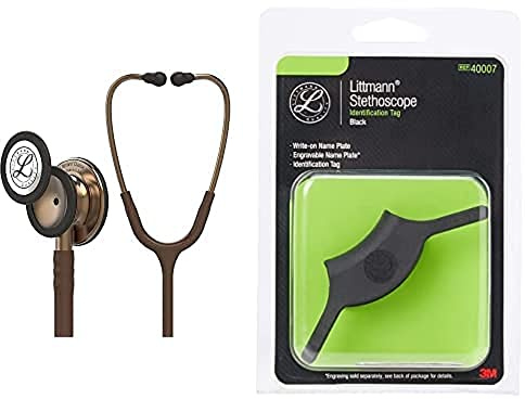 3M Littmann Classic III Stethoskop zur Überwachung, kupferfarbenes Bruststück, schokoladenfarbener Schlauch, 69 cm, 5809 & 3M Littmann Stethoskop-Namensschild, Schwarz, 40007