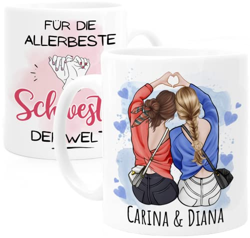 Personalisierte Geschenk-Tasse für zwei Schwestern – Individuelle Keramik-Tasse mit Namen – Ideale Geschenkidee zum Geburtstag oder zu besonderen Anlässen