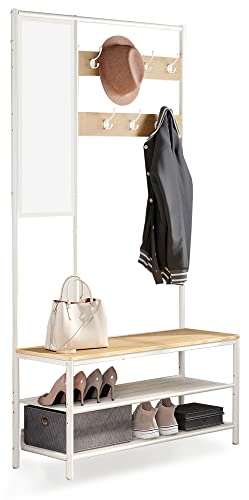 VASAGLE Kleiderständer, Garderobe, Garderobenständer mit Haken, Spiegel, Sitzbank, 35 x 98 x 180 cm, für Eingangsbereich, Schlafzimmer, Wohnzimmer, modern, eichenfarben-weiß HSR415W09