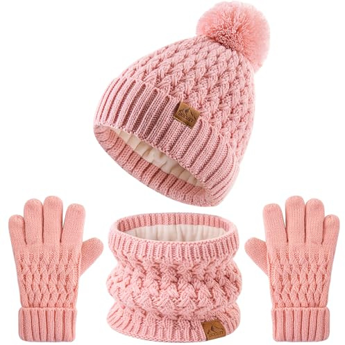DOCVIT Set berretto invernale con pompon e guanti Scart per bambini, berretto in lana lavorato a maglia con fodera in pile per bambini e bambine dai 3 ai 9 anni