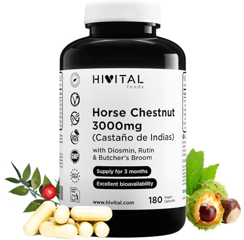 Hästkastanj 3000 mg. 180 veganska kapslar för 3 månaders behandling. Naturligt Hästkastanjextrakt med Diosmin, Rutin och Ruscus. Aesculus Hippocastanum. Tillverkad i Europa av HIVITAL