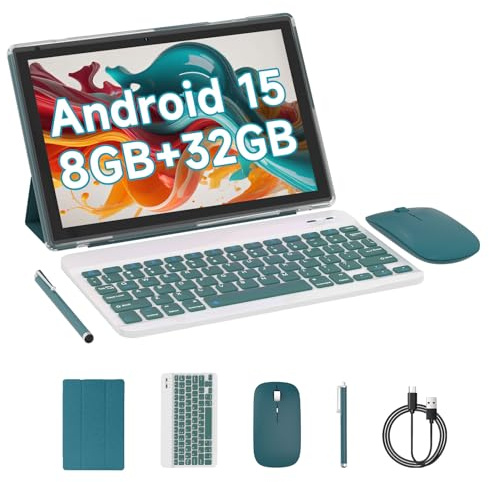 Android 15 Tablet, 10 Inch 8GB RAM+32GB ROM+1TB Expand, 1.8Ghz Quad-core Processor, 2 in 1 Tablets with Keyboard Mouse Case Stylus, 8MP Camera, 6000mAh Battery, 1280*800 HD Screen, 5G WiFi 6 Tablet PC