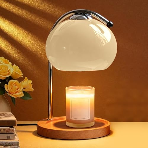 Topyond Retro Candle Warmer Lamp, Aroma Wax Melting Lamp with Wood Storage Tray Heating Candle Lamp Desk Lamp Bedroom Bedside Ambient Table Lamp Home Decor Anniversary Valentine's Day Gift(Beige)