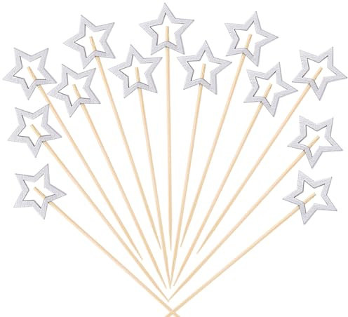 ENLACE Pinchos de cóctel con forma de estrella plateada, 50 unidades de palillos de madera para cócteles navideños, brochetas de frutas, palillos de madera para comida de dedo, 14 cm, brochetas de