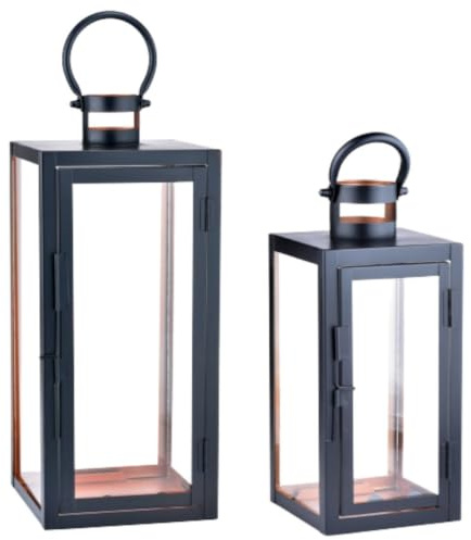 Marrakesch 2er Set LED Laterne Windlicht 39 cm und 27,5 cm | Laternen mit LED-Kerze Batterie betrieben und mit Timer Funktion | Gartenlaterne für Draußen Marra schwarz modern als Gartendeko
