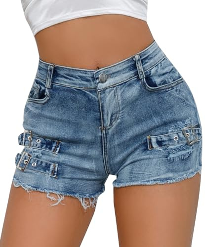 FEOYA Hotpants denimshorts för kvinnor hög midja sommar korta byxor slitna slim fit denim jeans shorts, 02 blå, XS