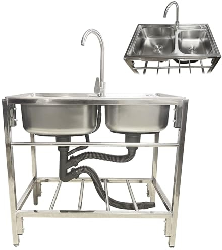 Catering Stainless Steel Sink Commercial Double Bowl Unit with Tap Industrial Kitchen Sink for Laundry, Backyard, Restaurant