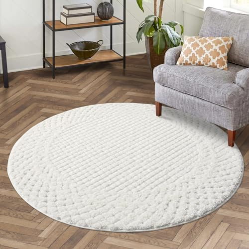 carpet city Skandi Tapis de salon, à poils longs, crème, 160 cm, rond, motif profond, bordure effet 3D, descente de lit pour chambre à coucher, style bohème,