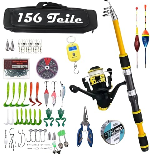 XXL Angelset für Einsteiger, mit 156 Teile inkl. Tasche und 1,8m Angelrute | Komplett Set | Süß und Salzwasser | Rute | Spule | Wobbler | Blinker | Posen | Kunstköder | Zange | Waage | Haken | UVM.