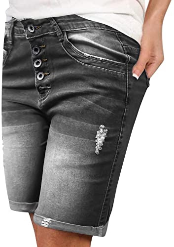 Duohropke Pantalones vaqueros cortos para mujer, de verano, hasta la rodilla, pantalones vaqueros cortos para mujer, cintura alta, elásticos, tallas grandes, pantalones cortos, pantalones vaqueros