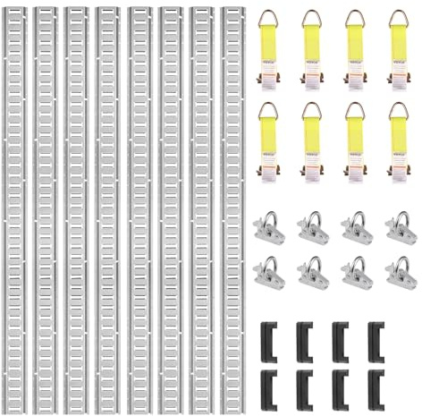 VEVOR Kit de Rails d'arrimage E-Track, 24PCS 1524 mm, avec 8 Rails Acier, 8 Joints toriques, 8 Attaches avec Anneau D, Accessoires de Fixation Polyvalents pour Motos, Cargo, vélos, Charge de 907 kg