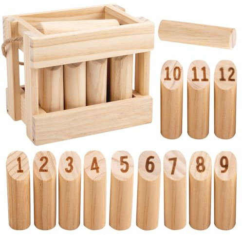 Mineup Finnisches Wurfspiel, Wikinger Spiel, Wikingerspiel inkl, Wikinger Schach, Wurfspiel aus Holz Kegel mit 12 Holznummer & 1 Wurfzylinder, Zahlen Wurfspiel für Indoor & Outdoor für Kinder