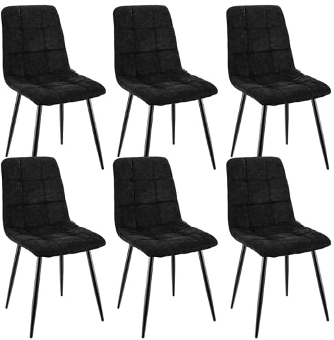 WAFTING Esszimmerstühle 6er Set, Gepolsterter Stuhl mit Hoher Rückenlehne und Leinendesign, Esstischstühle mit Metallfuß, für Esszimmer, Wohnzimmer, Küche, Schlafzimmer und Empfangsraum, Schwarz