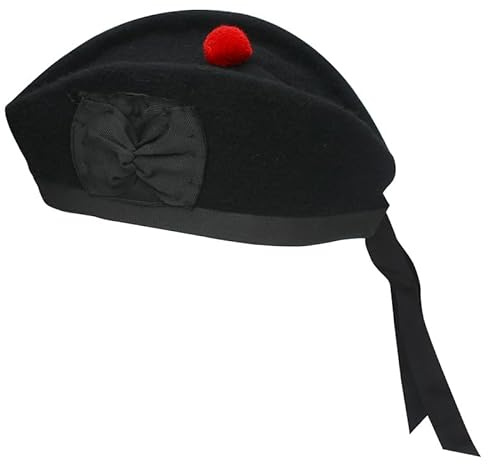 BELGLY Glengarry Cap-Cappello scozzese tradizionale, 100% lana, tartan di lana acrilica, accessori per kilt/cornamuse, nastro di cotone in poliestere, Nero tinta unita., 57