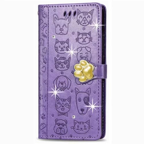 Handyhülle für Samsung Galaxy S24 FE Hülle Case Glitzer Strass Katze Hund Flip Cover PU Leder Tasche Book Flipcase Schutzhülle Handytasche Skin Ständer Klapphülle Schale Bumper Brieftasche lila