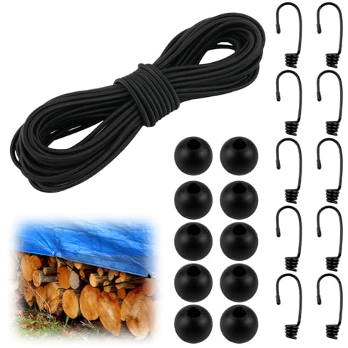 Gummiseil 4 mm x 15 m, Elastisches Expanderseil, Gummischnur mit Spiralhaken und Kugeln, Gummikordel Schwarz, Spannseil Planenseil für Anhängerplane, Sonnensegel, Zelte