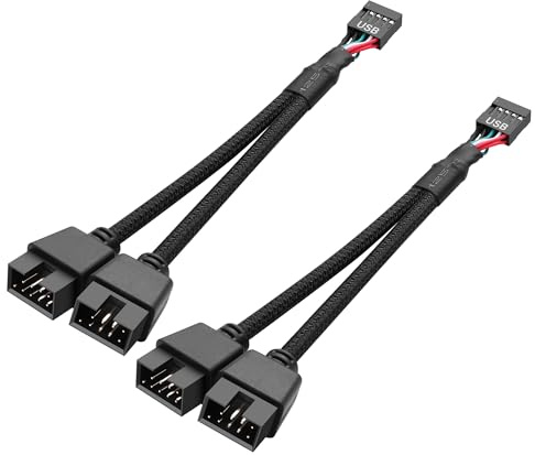 SinLoon 2 Pack Motherboard USB 2.0 9Pin Header Splitter 9 Pin USB 2.0 Female to Dual 9 Pin Male Extension Header Cable Nylon Braided for PC Computer Internal Motherboard (Black)