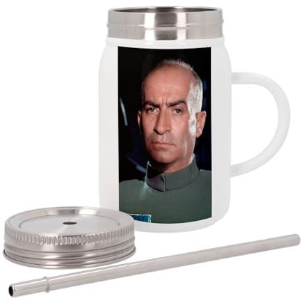 Mug Isotherme en Inox avec Couvercle et Paille - Louis De Funès Acteur Photo de Star Célébrité Français Vieux Cinéma Original 6-500 ml - Tasse Thermo