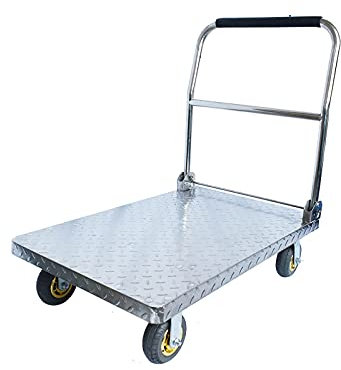 ) Chariot à plateforme robuste en acier inoxydable avec poignée pliable et roues pivotantes silencieuses, haute capacité de charge pour déplacer des objets lourds, chariot industriel pour un transport