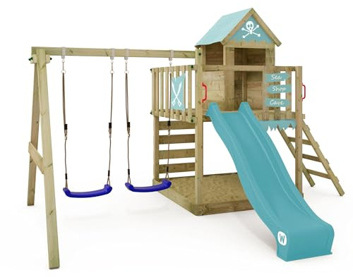 Wickey Play Tower Climbing Smart Cave with Swing and Pastel Blue Slide, Outdoor Climbing Tower for Kids with Sandpit, Ladder and Garden Play Accessories
