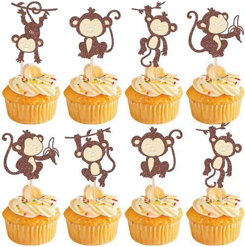 SYKYCTCY 30 Pack Monkey Cupcake Toppers Glitter Cut Monkey Animal Cupcake Picks for Forest Animals Zoo Theme Baby Shower Birthday Cupcake Decorations Party Supplies