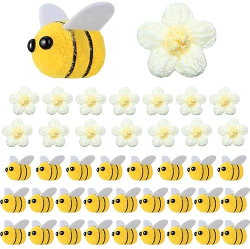JOOTUEPO Set di Api in Feltro per Artigianato e Fiori all'Uncinetto, 40 Pezzi Decorazioni di Api in Lana Peluche Fiori Lavorati a Maglia, Decorazioni di Api in Lana Peluche per Decorazione Artigianale