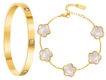 AWAVM Glückskleeblatt-Armband, Set mit 2 Armbändern für Damen, aus vergoldetem Stahl, 18 Karat, Schmuck, Kleeblatt, für Hochzeiten, Geburtstage, Partys und als Glücksbringer