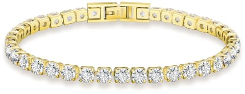 KRKC Damen Armband, 14K Gold Vergoldet 4mm Edelstahl Tennis Armband 5A Zirkonia, Nickel-frei Rostfrei Armkette Schmuck Geschenk für Frauen Geburtstag Muttertag Länge 16,5cm