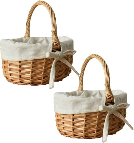 2 Pièces Panier De Pâques Avec Anse, Panier De Pâques Pour En-fants, Panier De Fleurs Pour Filles, Panier En Osier Pour En-fants Panier De Dispersion De Mariage, Petit Panier En Osier Tissé À La Main