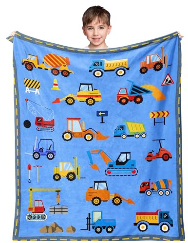 Kids Blanket, Boys Blanket, Toddler Baby Blue/Bluey Blanket 130x100CM, Boys Bedroom Accessories, Tractor Gift Accessories, Construction Truck Tractor Crane Excavator Gifts Throw Blue for Children