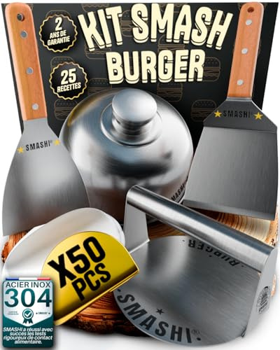 SMASHI® Kit Smash Burger Professionale in Acciaio Inox 304 Certificato Contatto Alimenti UE | Pressa Hamburger + Spatole con Manico in Legno + Accessori | Include 25 Ricette (Classico)
