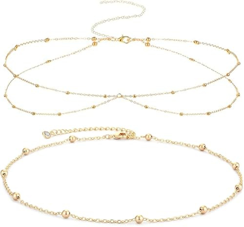 Belly Chain, 2-Pack Gold Waist Chain for Women, Adjustable Body Chains for Beach, Music Festivals, Bikini Parties, and Casual Wear, Includes Two-Layer and Cross Two-Layer Designs with Extenders