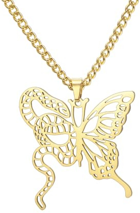 kkjoy Schmetterling Schlange Halskette Edelstahl Einzigartige Dual Symbolik Anhänger Schmuck für Männer Frauen (Gold)