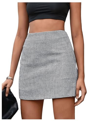 GORGLITTER Women's Plaid Houndstooth Print Skirts High Waisted Bodycon Mini Elegant Going Out Skirts Black and White Medium