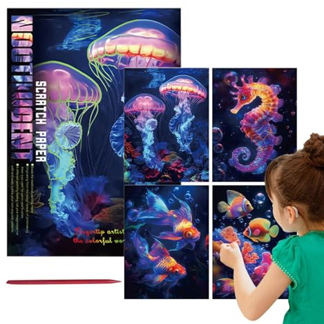Kratzpapier Noctilucent - 4x Scratch Paper Art Scratchboard Mit Stift | Fun Sketch Card, Kreatives Handwerksspielzeug Für Kinder Teenager Erwachsene Leuchten Sie Den Dunklen Kratzer | 4x Gravur Scratc