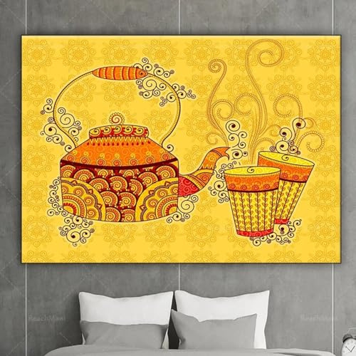 BMGKYAGL Canvas Painting Art Canvas Poster Indian Kettle Tea Glass Yellow Pop Art Modern Street Decoration Printing 80x120cm frame