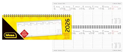 Idena 12058 - Tischkalender 2026 quer im Format 29,8 x 10,5 cm, 1 Woche auf 1 Seite, Schreibtischkalender mit Jahresübersicht und Spiralbindung