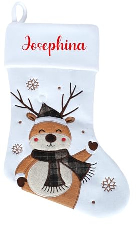 minimutz Nikolausstrumpf mit Namen Kinder - personalisierter Weihnachtsstrumpf zum Aufhängen & Befüllen - Nikolausstiefel weiß 45cm (Hirsch)