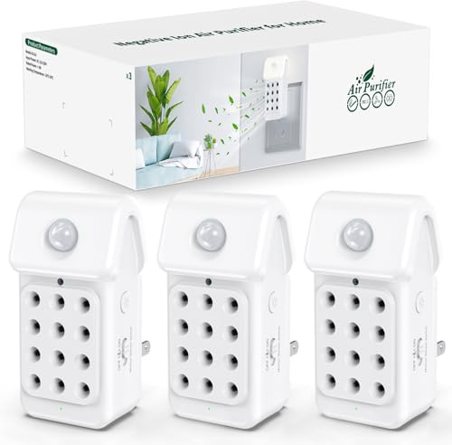 Jostart Plug In Air Purifier for Bedroom Home,3Pcs Mini Negative Ion Air Ioniser with Sensor Light 12 Emitting Heads for Odour Pet Smell Dust Remover