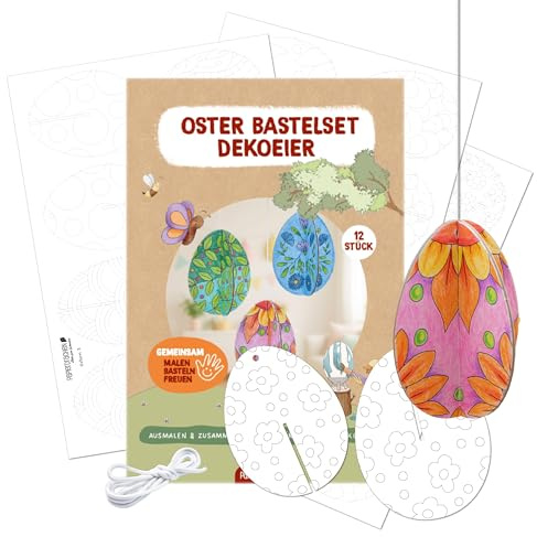 Papierdrachen Oster Bastelset Dekoeier - 12 Stück zum Ausmalen und Zusammenstecken - DIY Osterdeko zum Aufhängen - Osterbasteln für Kinder - Frühling