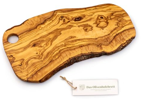 DAS OLIVENHOLZBRETT Tagliere molto grande in legno d'ulivo/antipasto/tagliere per vesper/tagliere per chacaturie/tagliere per pane con bordo naturale, con foro per servire, 60 cm