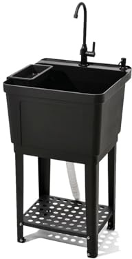 Lavandino autoportante con rubinetto e rastrelliera per riporre oggetti, in plastica, per casa, garage, cantina, giardino e lavaggio animali domestici, kit completo di scarico incluso