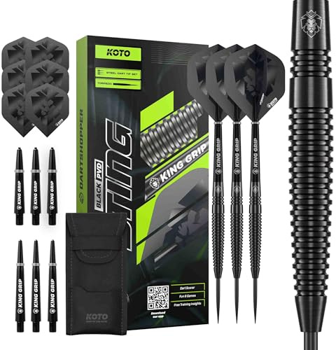 KOTO – Sting Black 90% Tungsten Darts, 10G-32G, Schwarz, Mit Extra Flights und Shafts, Steeldarts, Dartpfeile Profi Set | 25 G Steeldart Pfeile, Inkl. 3 Barrels, 6 Dart Flight & 6 Shaft, Mit Dart-Wallet, Präzise Gefrästem Ringgrip