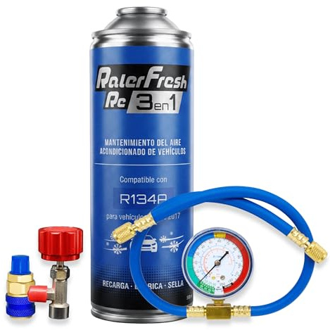 Ralerfresh RC 3 en 1 – Recarga de Aire acondicionado coche R134A hasta 2016 - Gas refrigerante, Sella fugas, lubricante (RC31 + Manómetro manguera + Conector)