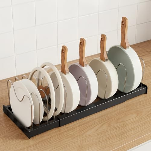 AOOTE Expandable Pan Lid Holder, 32–57cm Expandable Pans Organiser Rack, Kitchen Cupboard Organiser with 9 Adjustable Dividers Pot, Pan Organisers for Cupboard, Pots, Pans, Baking Trays, Black
