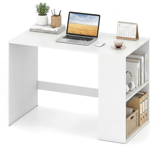 COSTWAY Scrivania Ufficio con Libreria Laterale a 2 Ripiani e Ampio Piano, 112 x 60 cm Scrivania Gaming in Legno, Scrittoio per Computer Salvaspazio per Studio, Soggiorno e Ufficio (Bianco)
