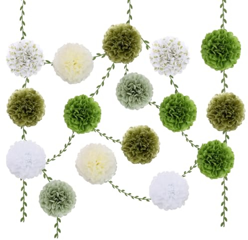 BestoFun 16 Stück Salbeigrün Creme Seidenpapier Pompons Girlanden Olivgrün WeißPapierblumen Party Deko für Hochzeit Abschlussball Babyparty Geburtstag Gartenparty