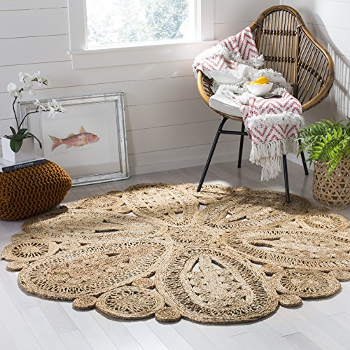 SAFAVIEH Area Rug 3' Round - Natural Fiber Collection - Natural Brown, Handmade Jute, Decorative Boho Floral Design (NF360A)
