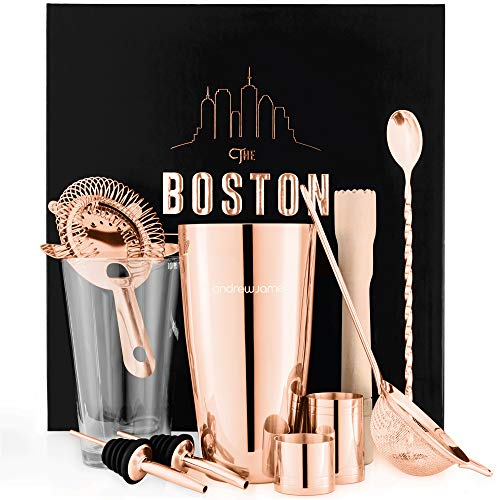 Andrew James Boston Cocktail Shaker Set – Rose Gold Cocktail Set with 10 Cocktail Accessories, Cocktail Shaker Set & Mocktail Kit with Gift Box – Pink Cocktail Mixer Set & Bartender Tools (Rose Gold)