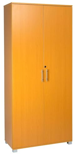 MMT Furniture Designs Ltd Beech Storage Cupboard 2 Door Lockable Filing Cabinet - Tall Office Home Garage Tools Shoe Organiser Wooden 4 Shelf Unit